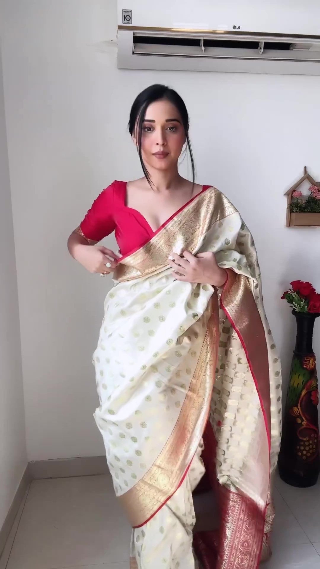 1-Minute Ready To Wear Beige Soft Silk Saree