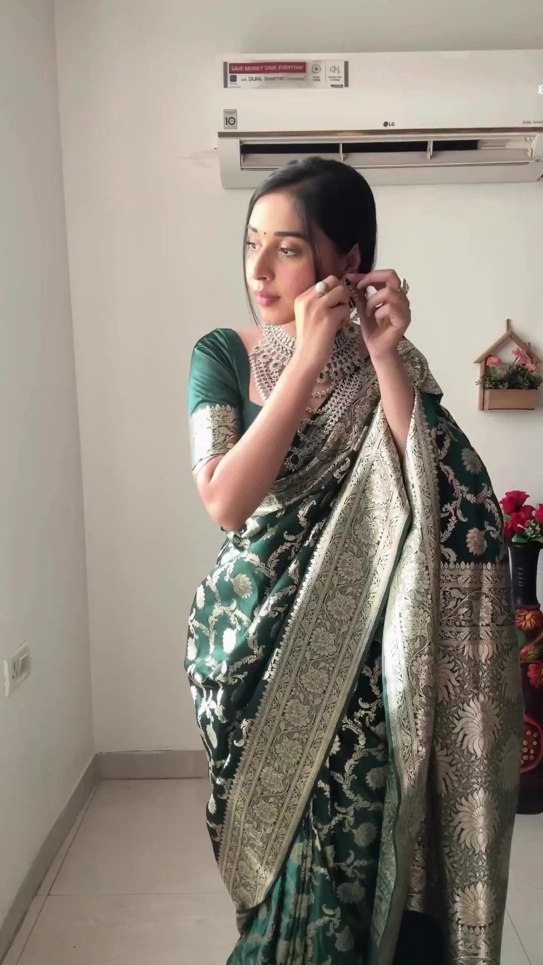 1-Minute Ready To Wear Green Soft Silk Saree