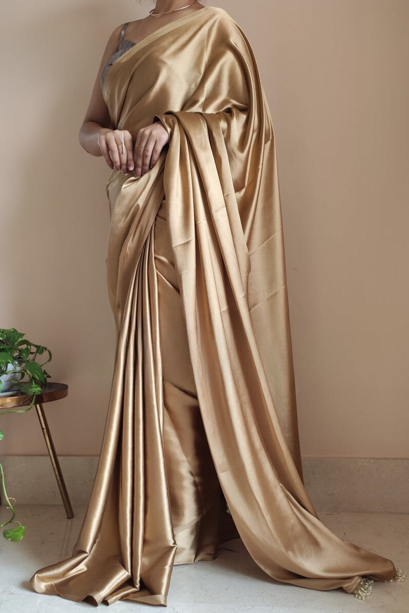 1-MIN READY TO WEAR Champagne Gold Satin Silk Saree With Handmade Tassels On Pallu