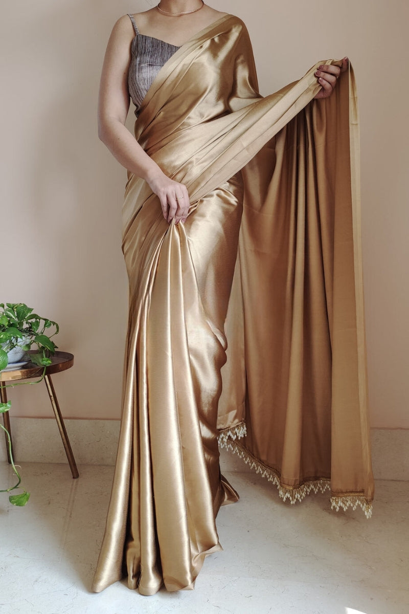 1-MIN READY TO WEAR Champagne Gold Satin Silk Saree With Handmade Tassels On Pallu