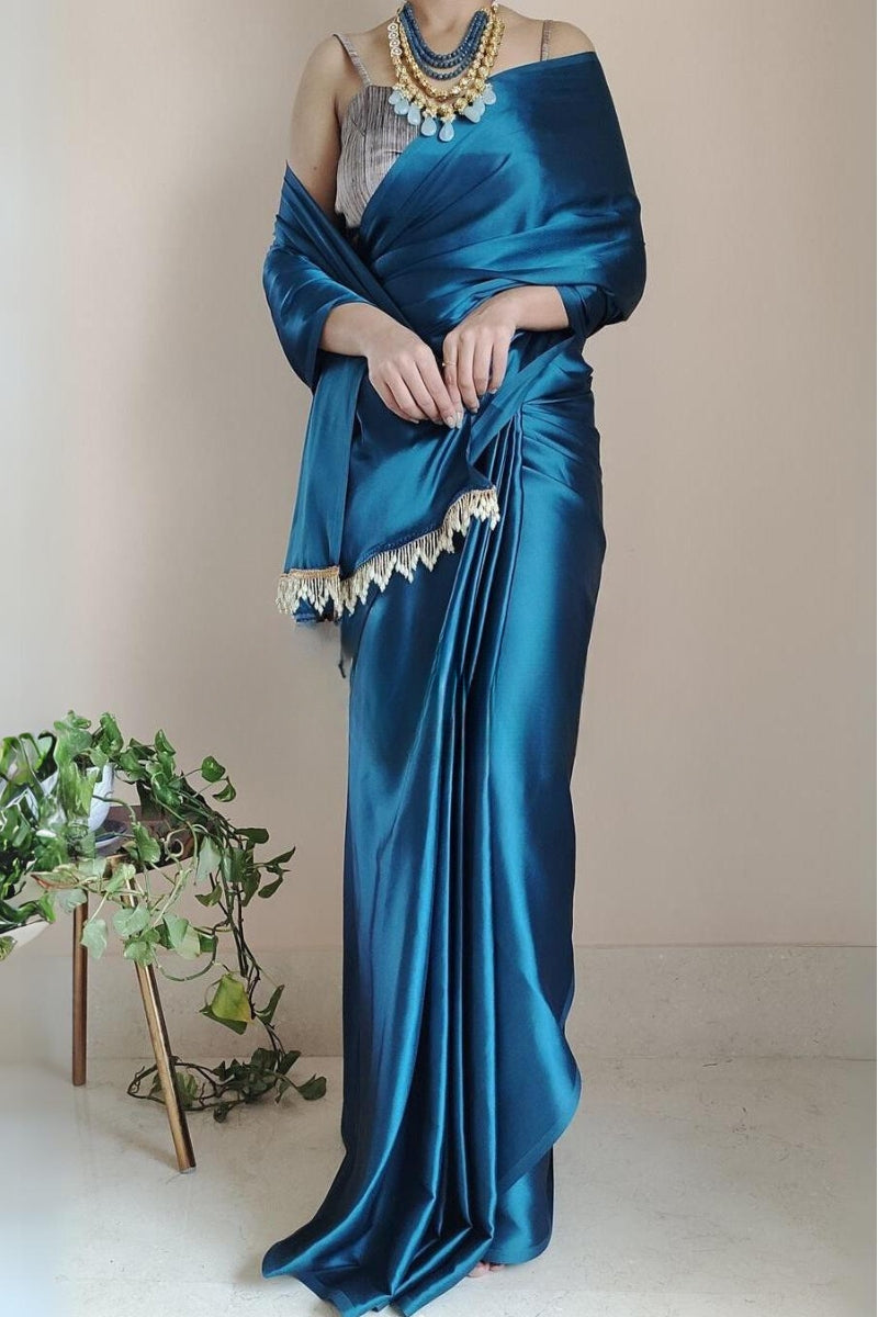 1-MIN READY TO WEAR   Cobalt Blue Satin Silk Saree With  Handmade Tassels On Pallu