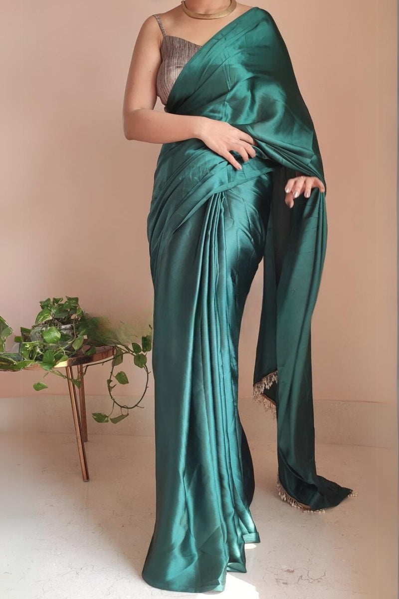 1-MIN READY TO WEAR 1-Minute Ready To Wear Emerald Green Satin Silk Saree With  Handmade Tassels On Pallu