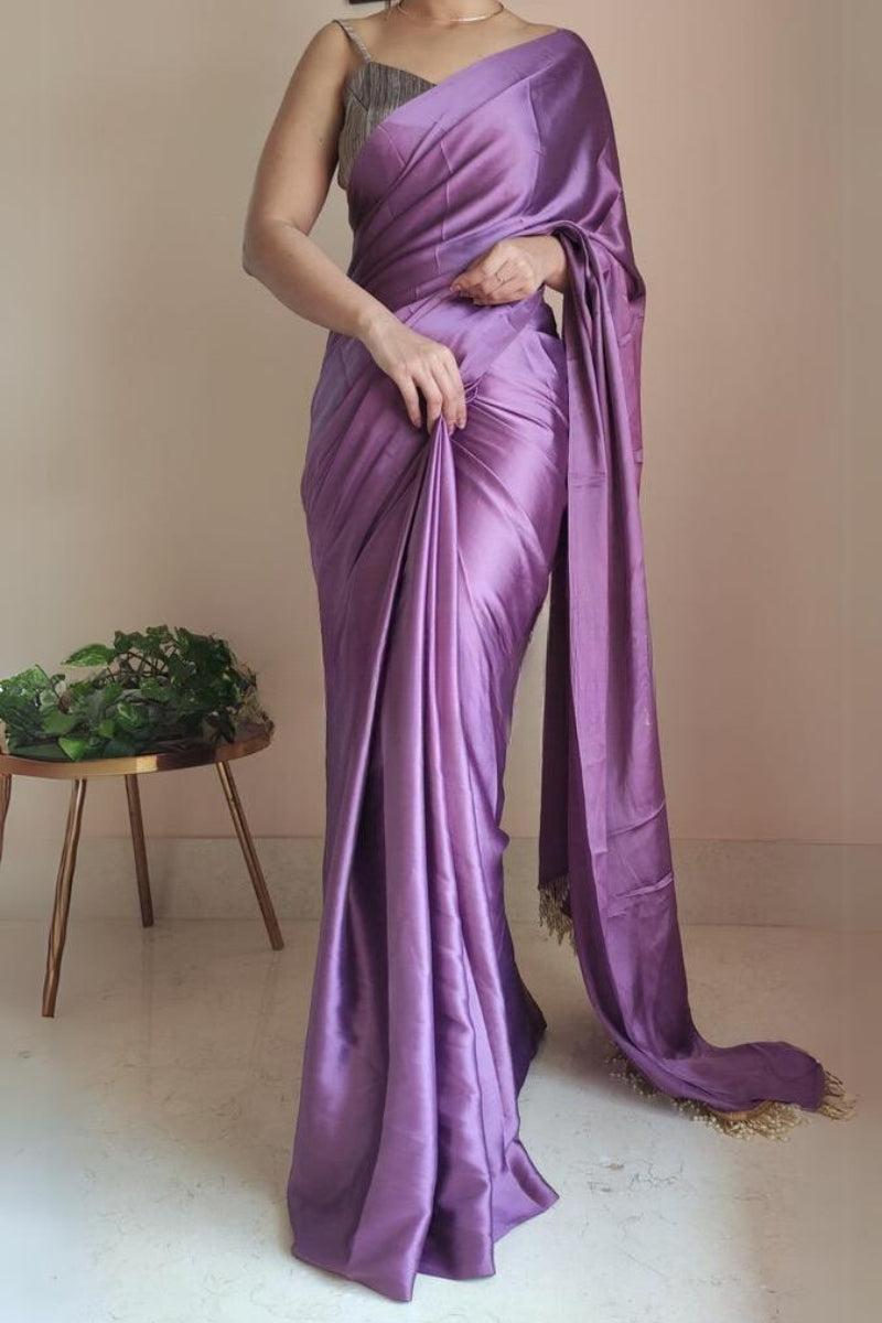 1-MIN READY TO WEAR   Heather Satin Silk Saree  With  Handmade Tassels On Pallu