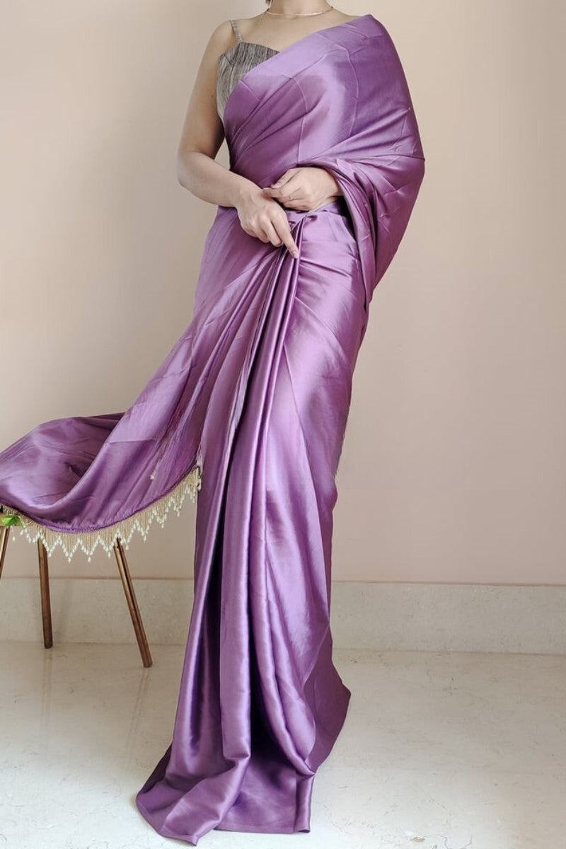 1-MIN READY TO WEAR   Heather Satin Silk Saree  With  Handmade Tassels On Pallu