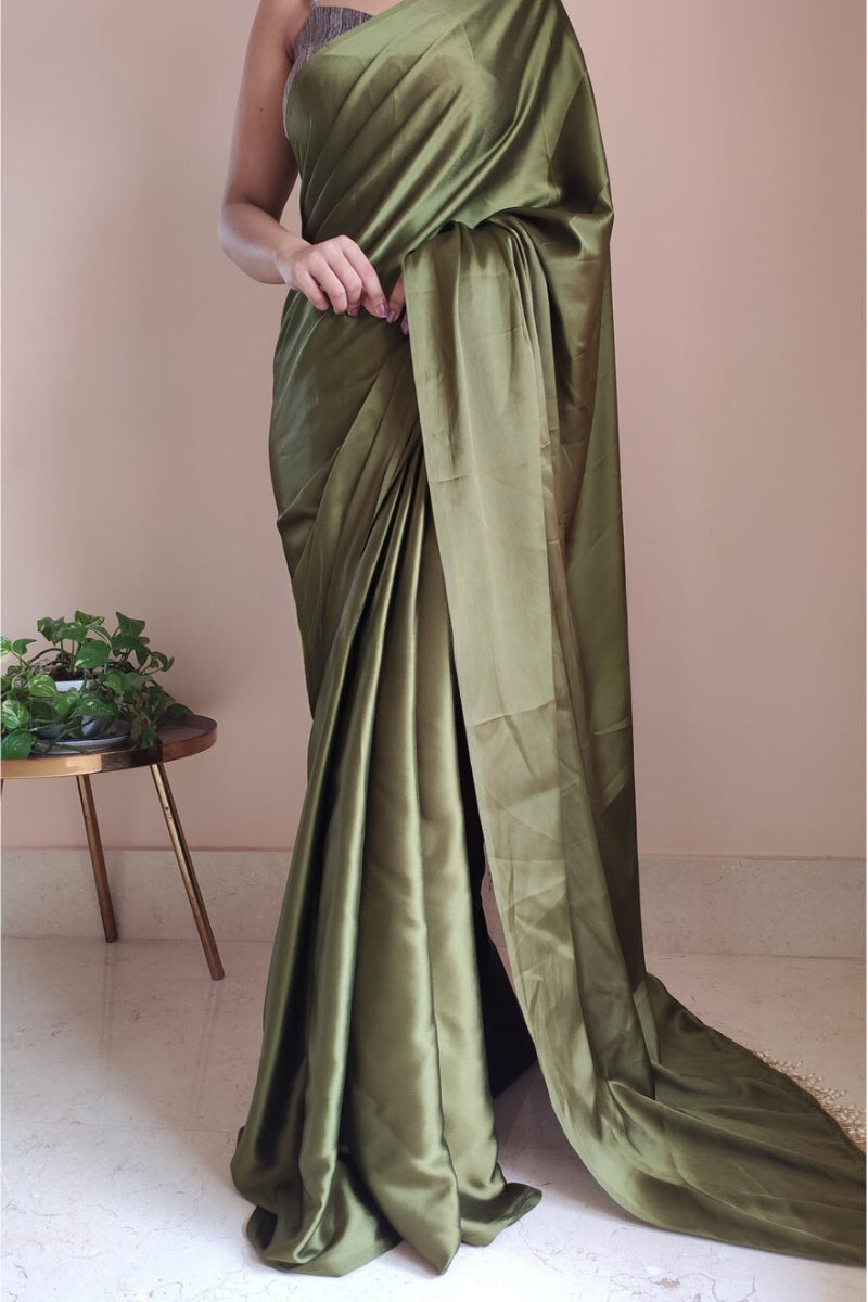 1-MIN READY TO WEAR  Olive Green Satin Silk Saree  With  Handmade Tassels On Pallu