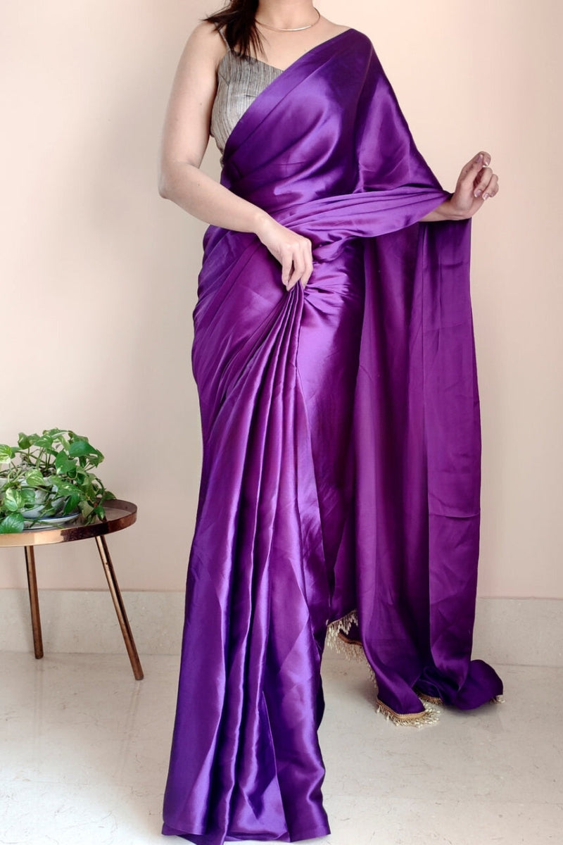 1-MIN READY TO WEAR   Violet Satin Silk Saree With  Handmade Tassels On Pallu