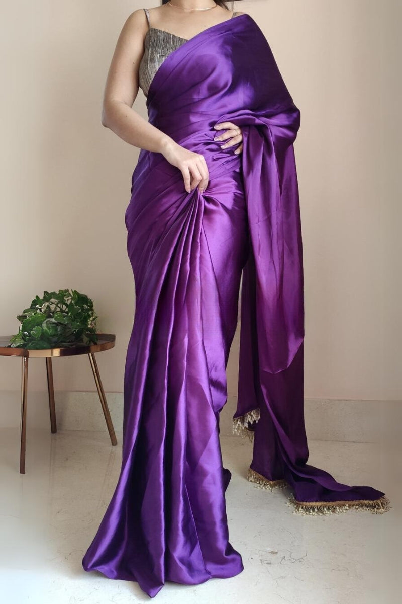 1-MIN READY TO WEAR   Violet Satin Silk Saree With  Handmade Tassels On Pallu