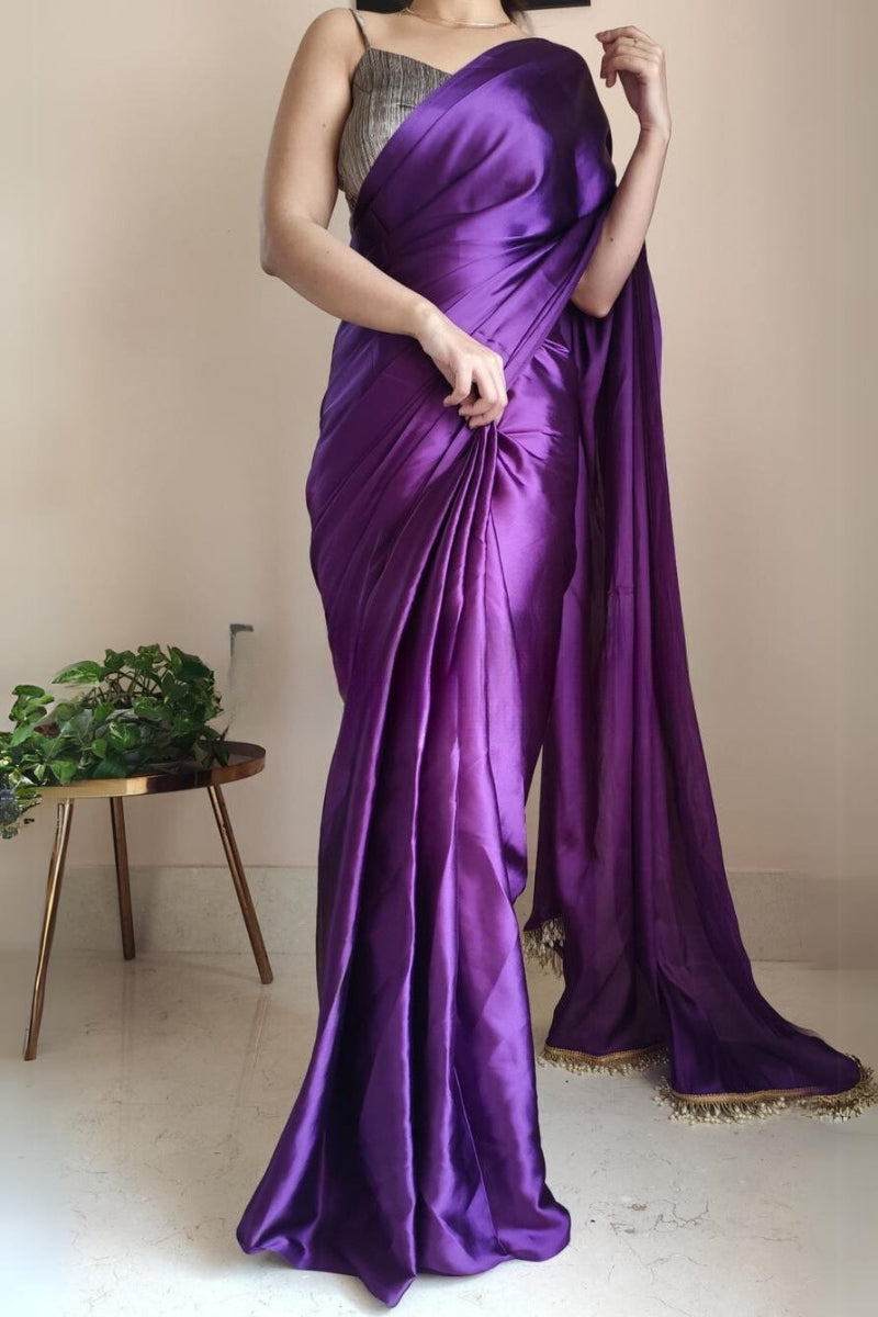 1-MIN READY TO WEAR Violet Satin Silk Saree With Handmade Tassels On P –  oursaree9