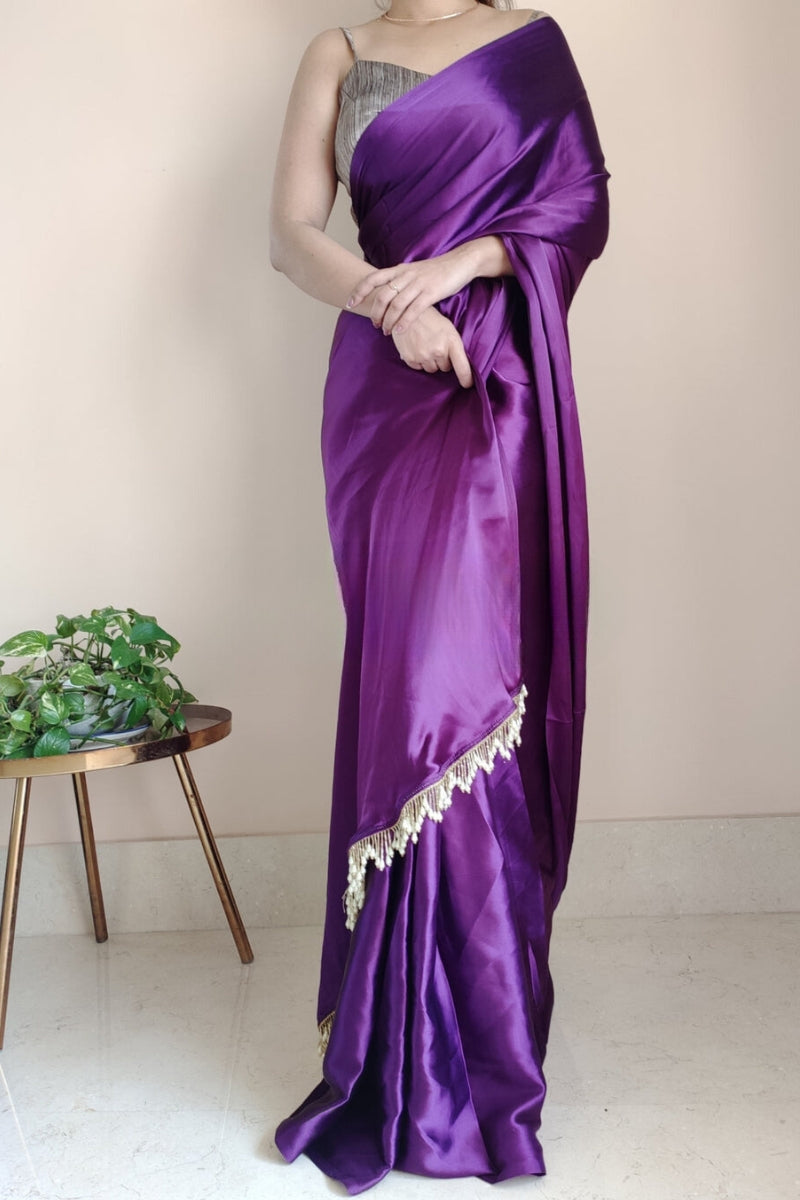 1-MIN READY TO WEAR   Violet Satin Silk Saree With  Handmade Tassels On Pallu