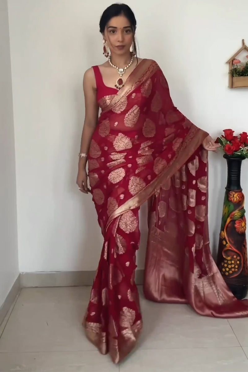 1-Minute Ready To Wear Red Cotton Silk Saree