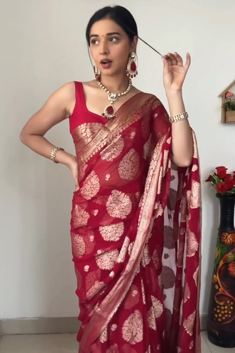 1-Minute Ready To Wear Red Cotton Silk Saree