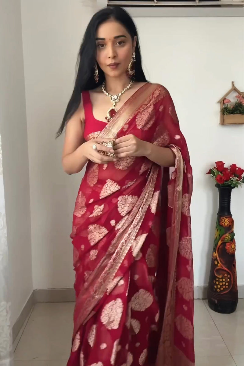 1-Minute Ready To Wear Red Cotton Silk Saree