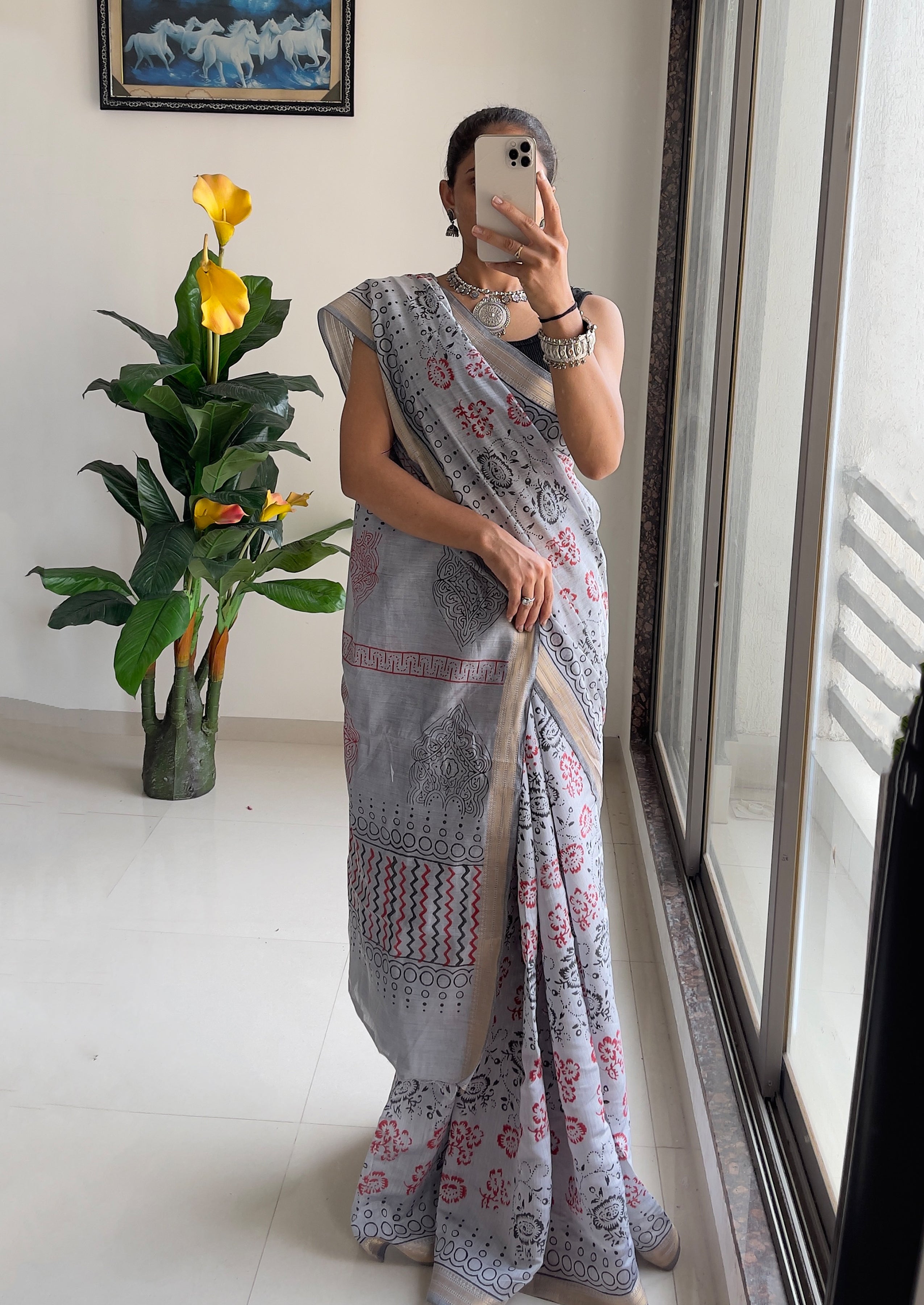 Serene Grey Ready To Wear Handcrafted Elegance in Print Saree