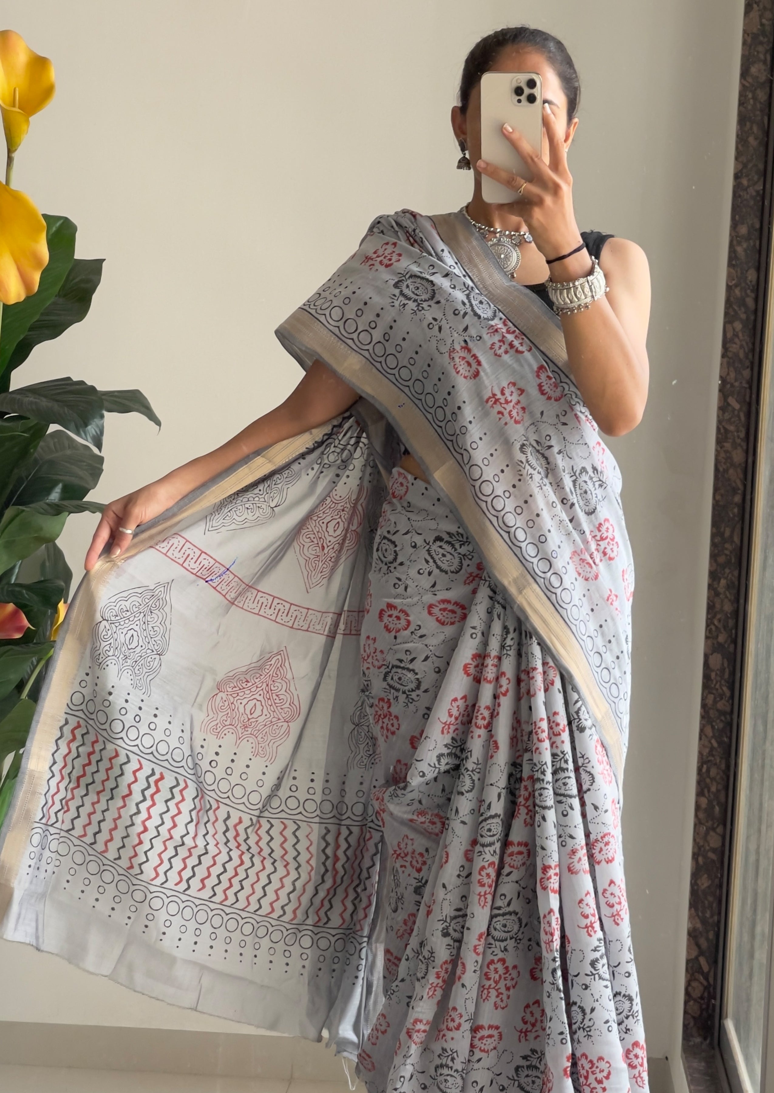 Serene Grey Ready To Wear Handcrafted Elegance in Print Saree
