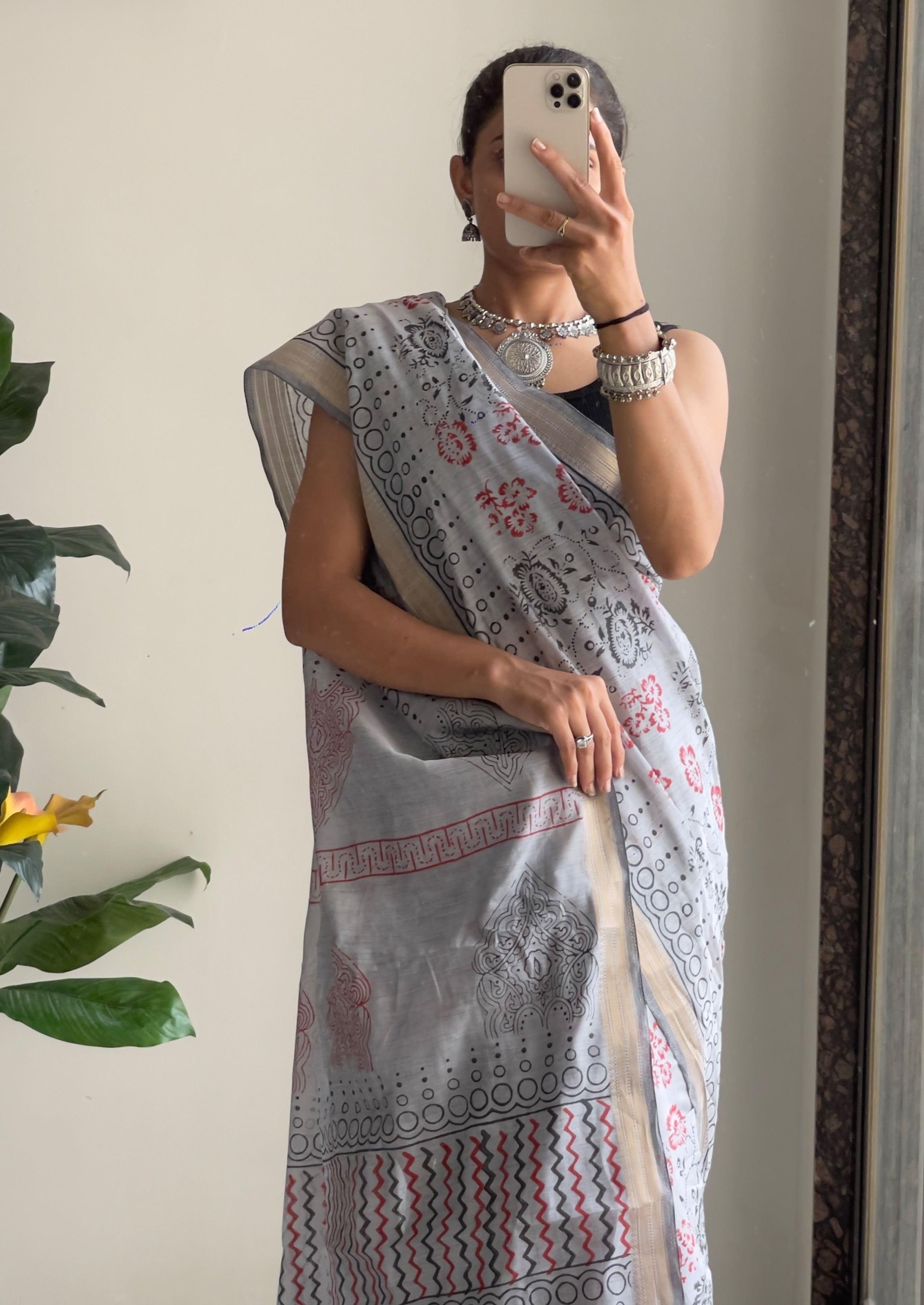 Serene Grey Ready To Wear Handcrafted Elegance in Print Saree