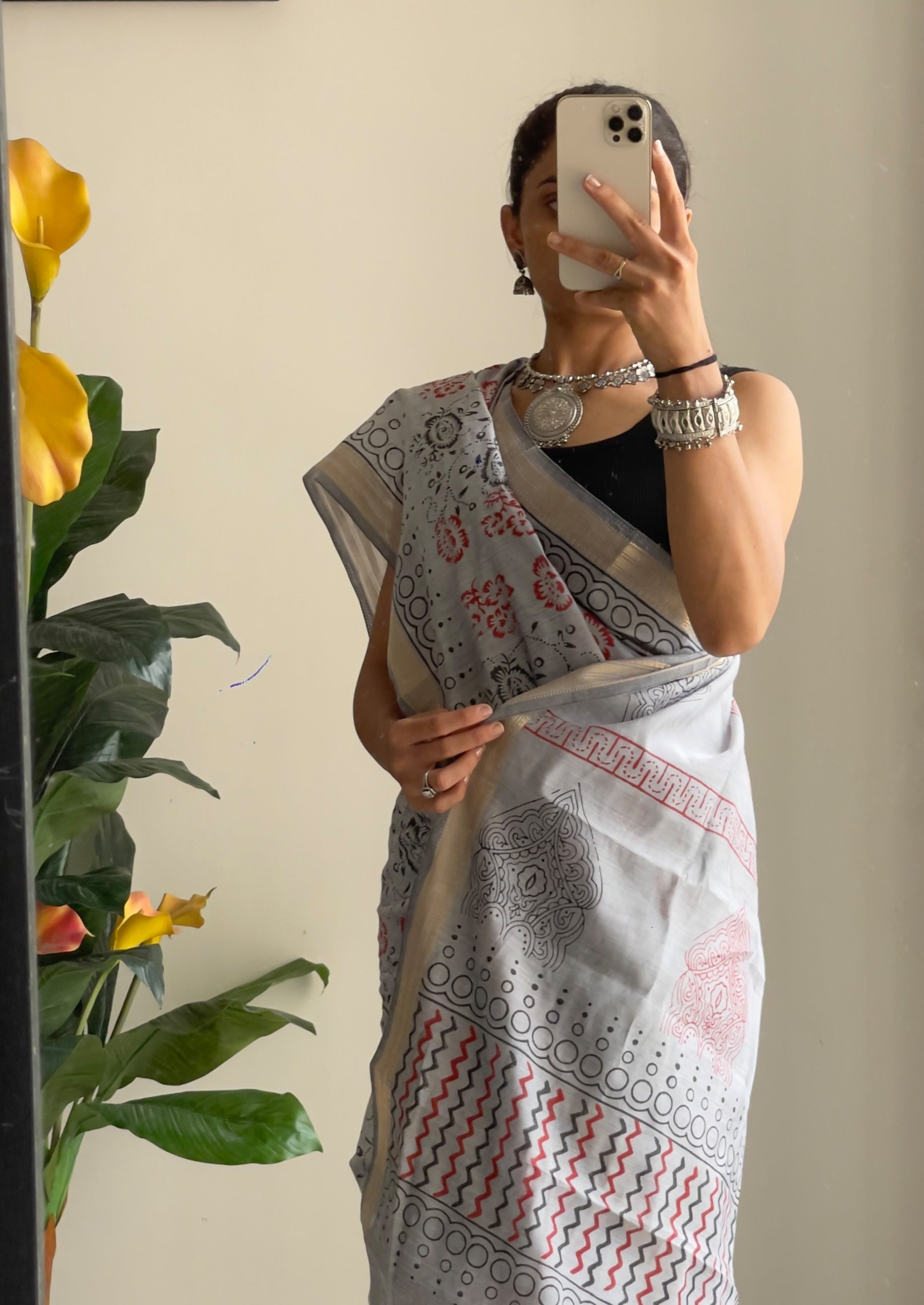 Serene Grey Ready To Wear Handcrafted Elegance in Print Saree