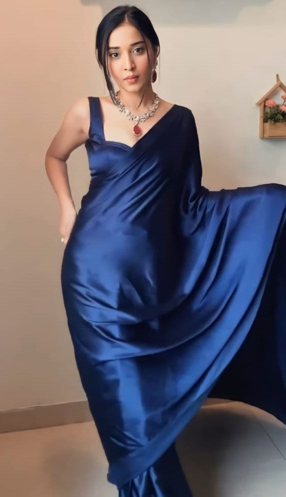 Profuse 1 Minute Ready To Wear Navy Blue Japan Satin Silk Saree