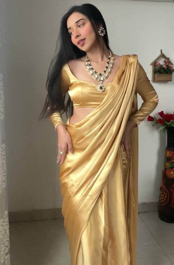 Profuse 1 Minute Ready To Wear Beige Japan Satin Silk Saree