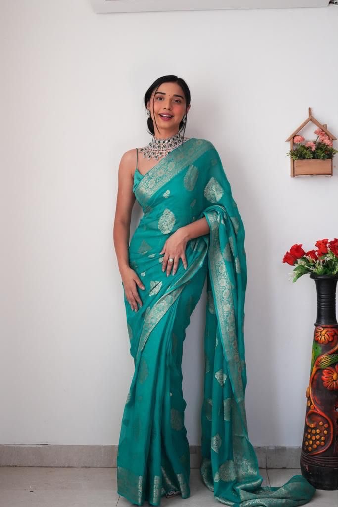 1-Minute Ready To Wear Sea Green Cotton Silk Saree