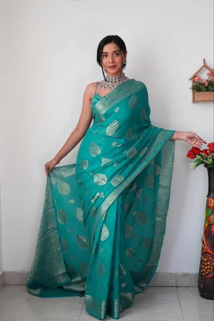 1-Minute Ready To Wear Sea Green Cotton Silk Saree