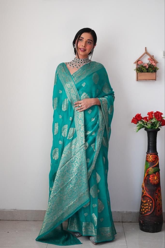 1-Minute Ready To Wear Sea Green Cotton Silk Saree