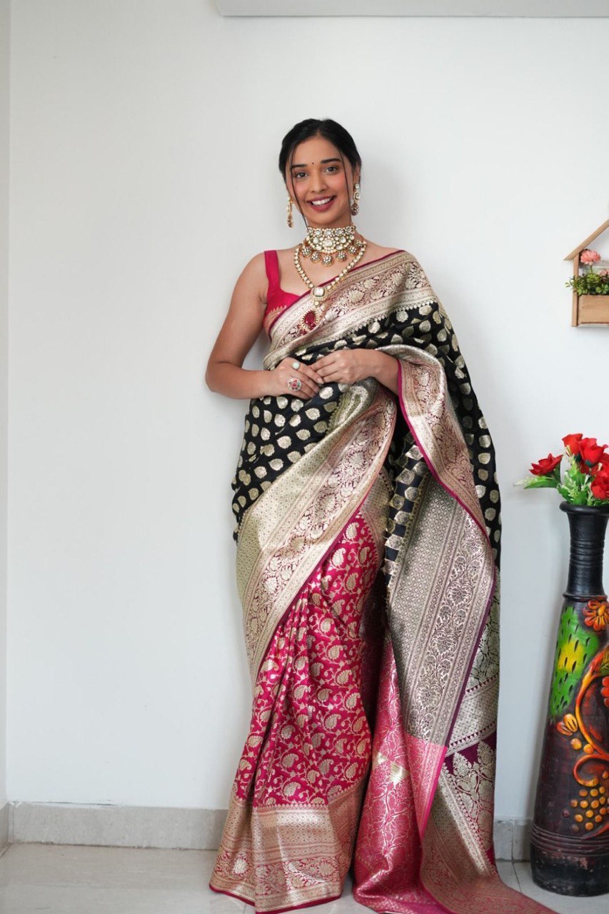 1-Minute Ready To Wear Black Soft Silk Saree