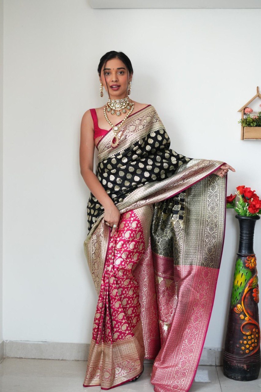 1-Minute Ready To Wear Black Soft Silk Saree