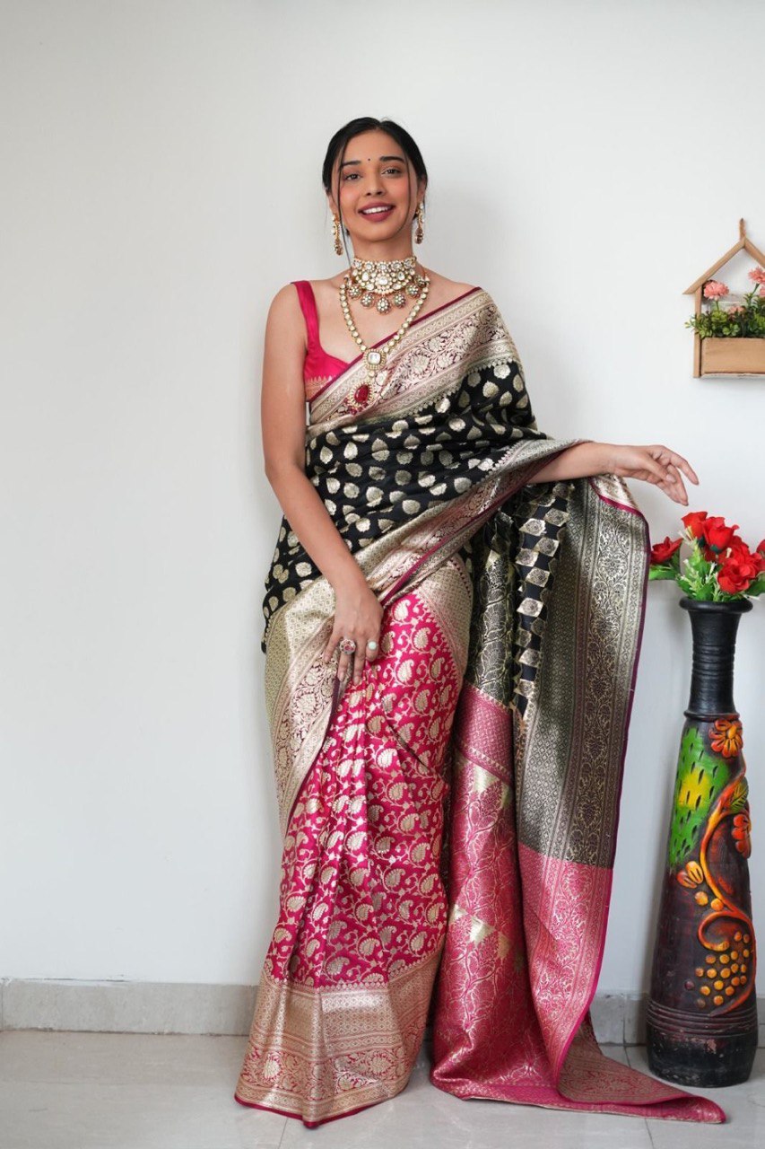 1-Minute Ready To Wear Black Soft Silk Saree