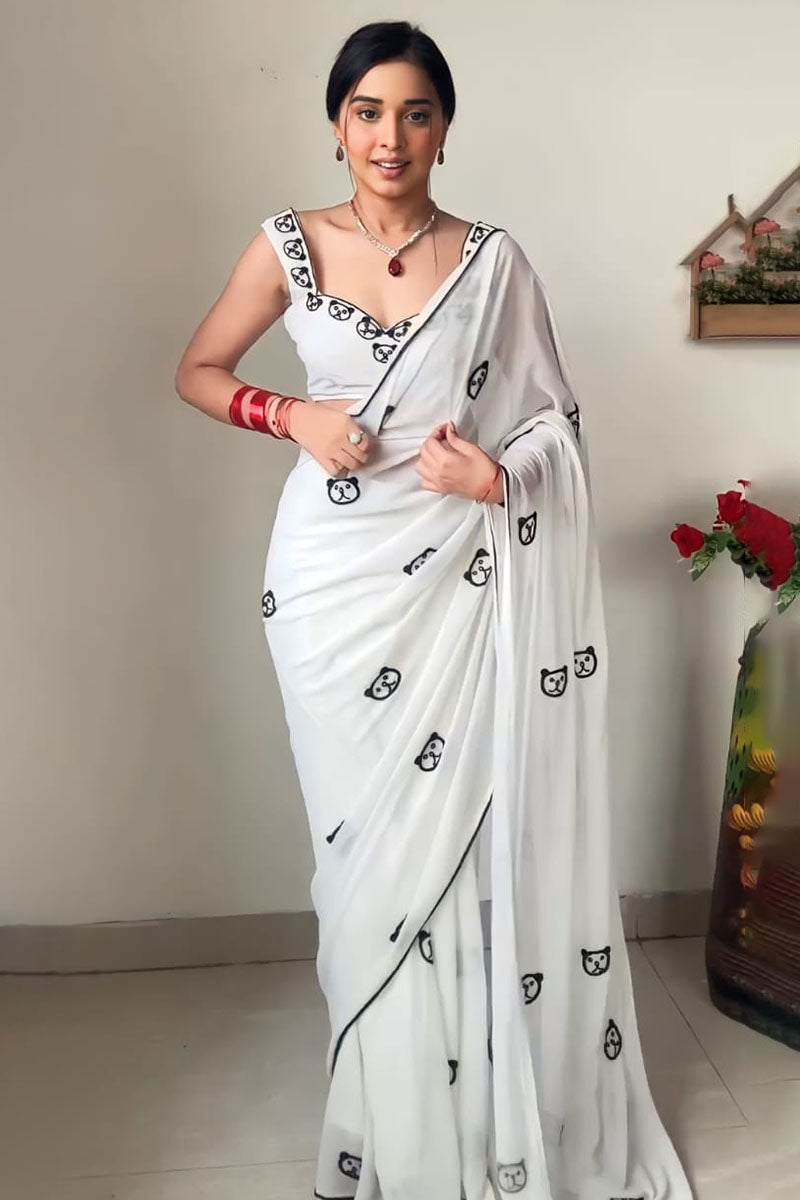 1-Minute Ready To Wear White Printed Georgette Saree