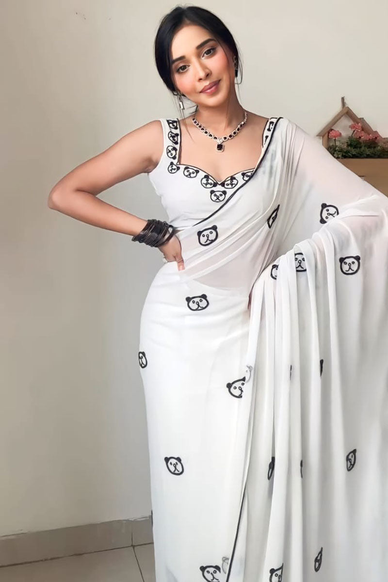 1-Minute Ready To Wear White Printed Georgette Saree