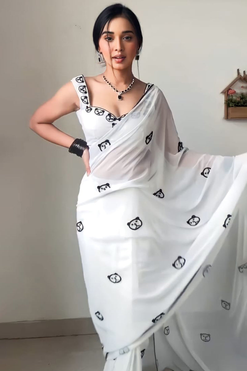 1-Minute Ready To Wear White Printed Georgette Saree