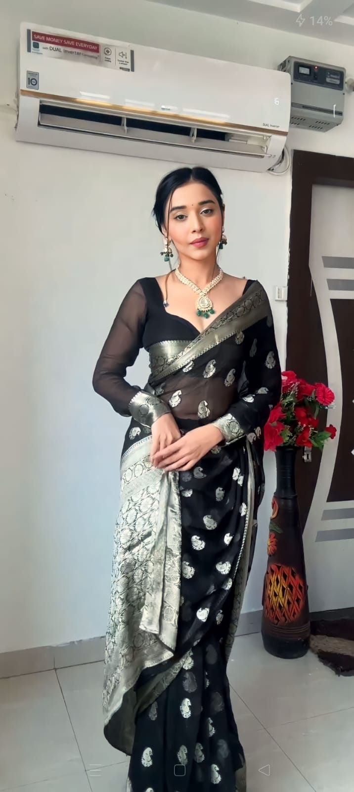 1-Minute Ready To Wear Black Cotton Silk Saree