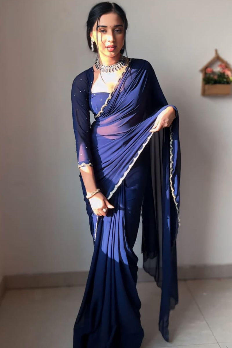 Angelic 1-Minute Ready To Wear Navy Blue Georgette Saree