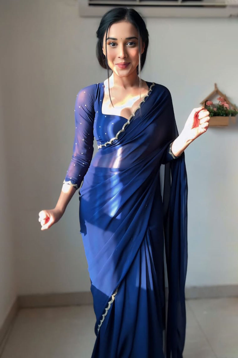 Angelic 1-Minute Ready To Wear Navy Blue Georgette Saree