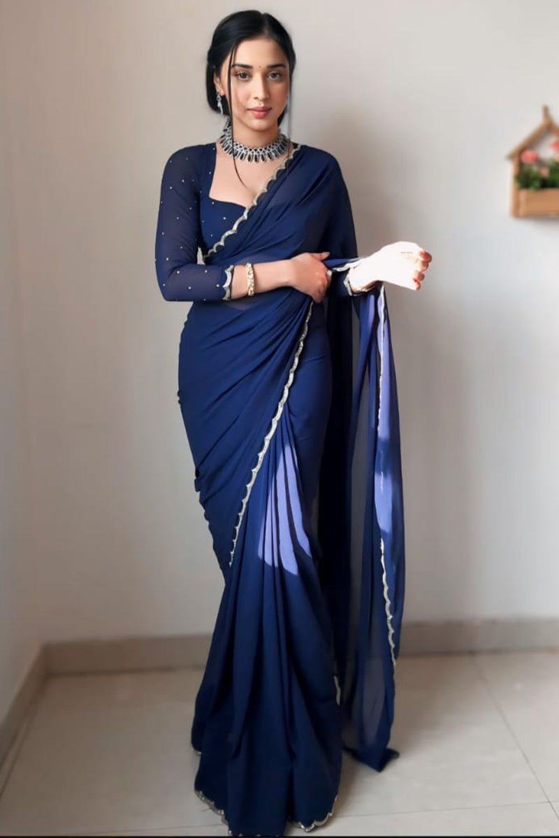 Angelic 1-Minute Ready To Wear Navy Blue Georgette Saree