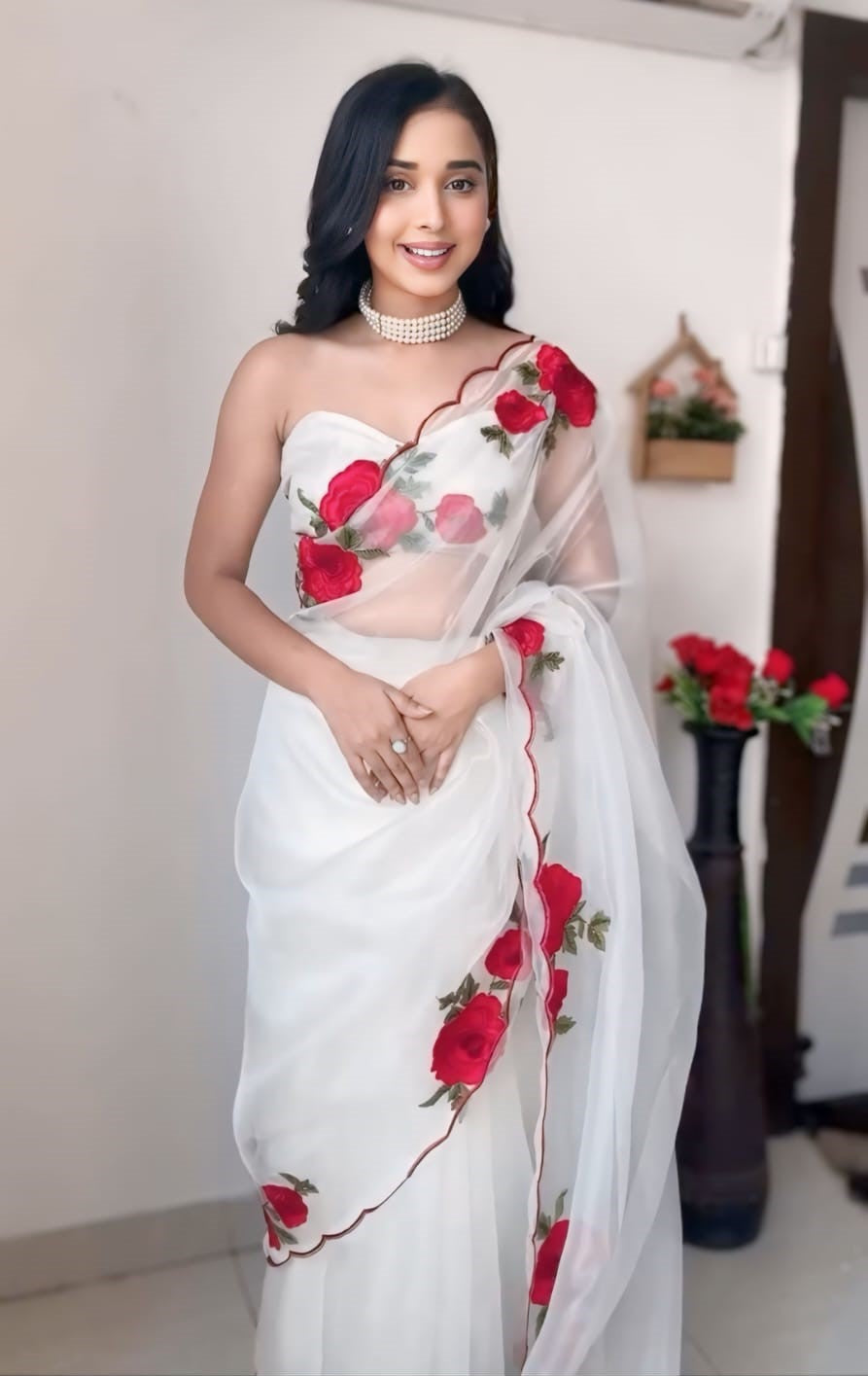 Classy 1-Minute Ready To Wear Off White Organza Silk Saree