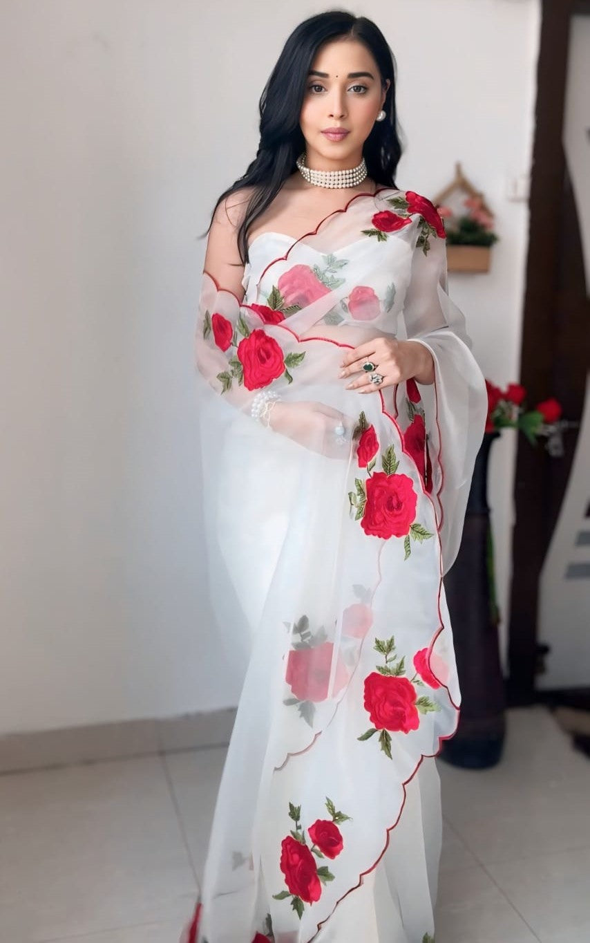 Classy 1-Minute Ready To Wear Off White Organza Silk Saree