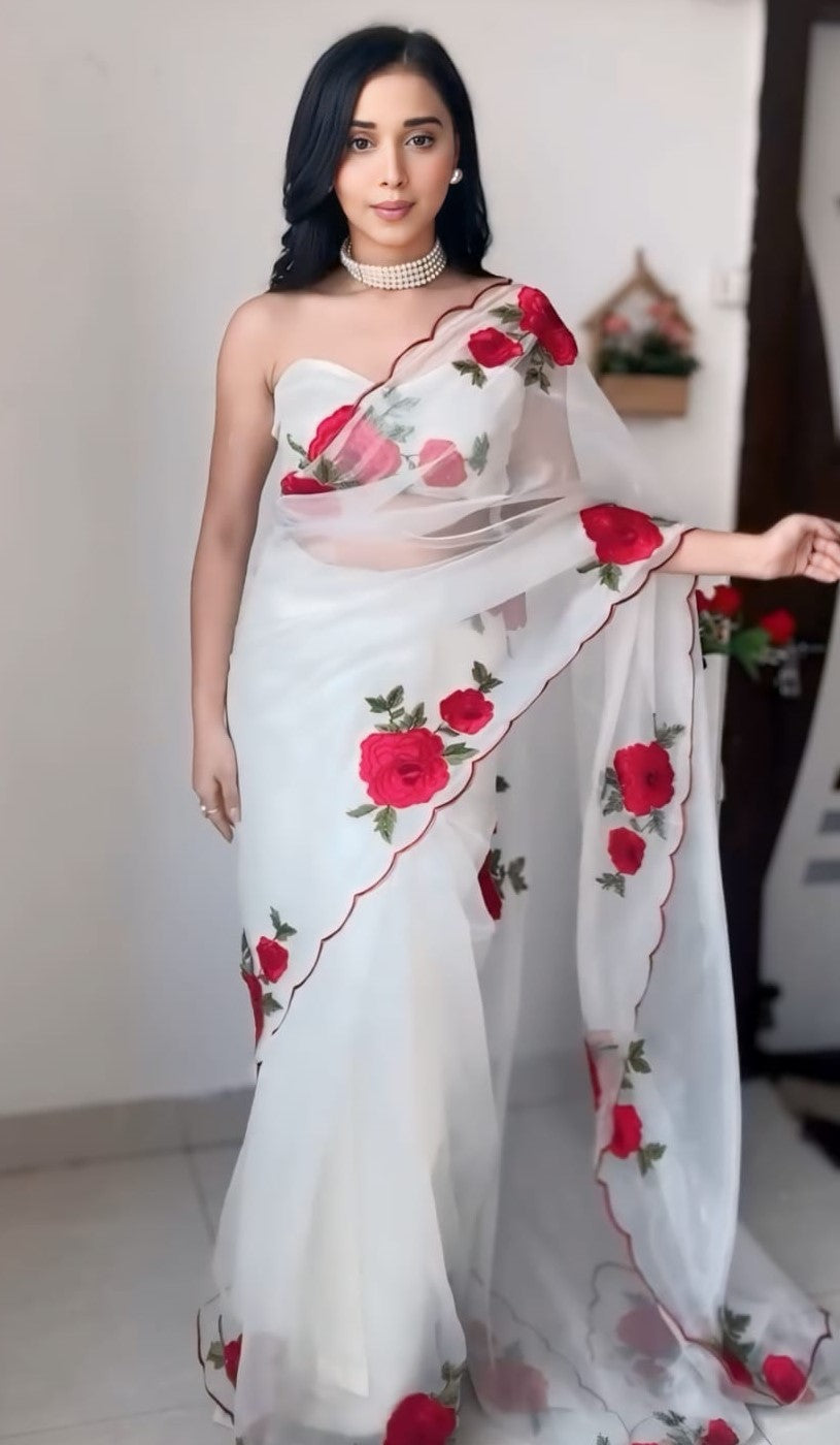 Classy 1-Minute Ready To Wear Off White Organza Silk Saree