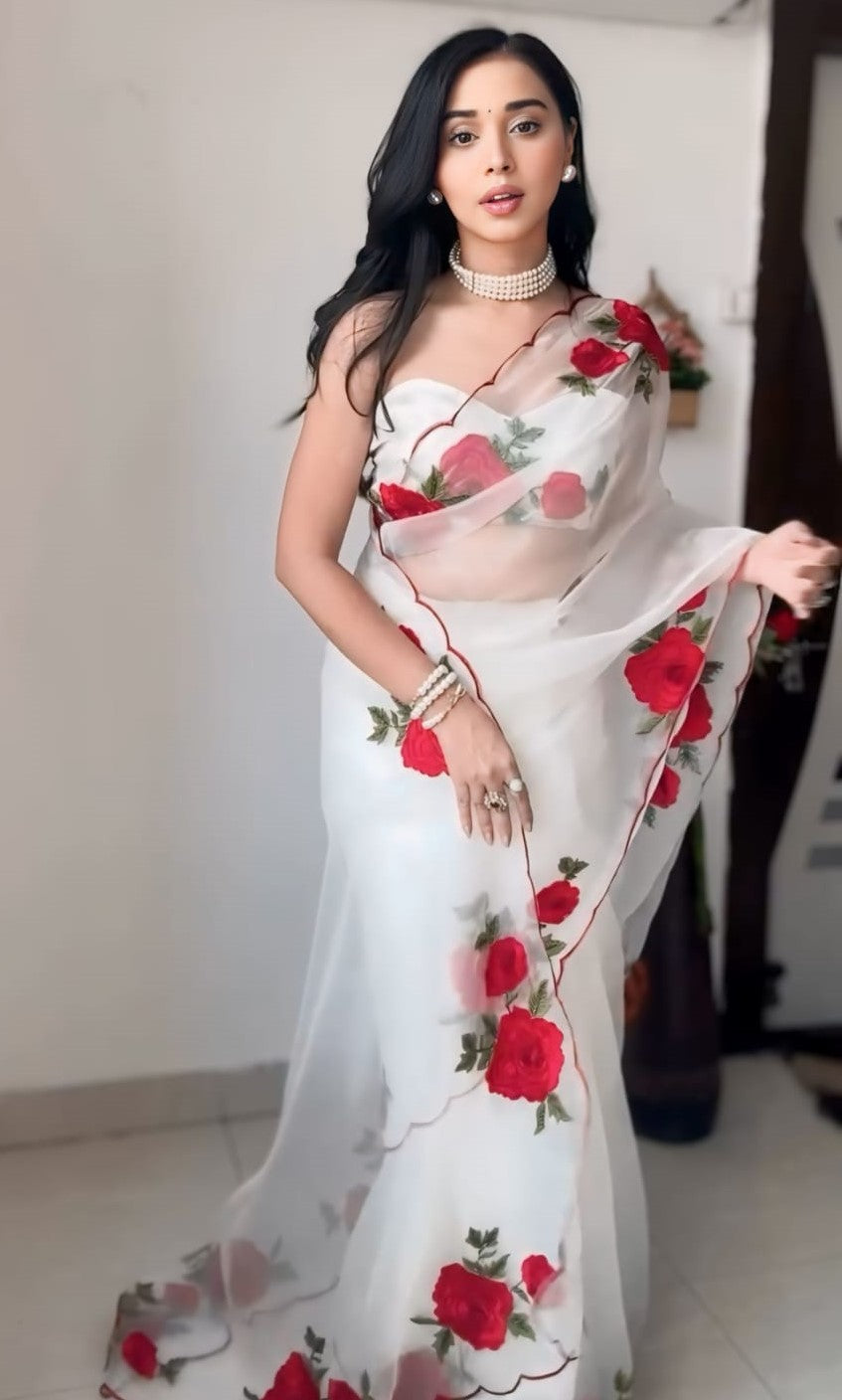 Classy 1-Minute Ready To Wear Off White Organza Silk Saree