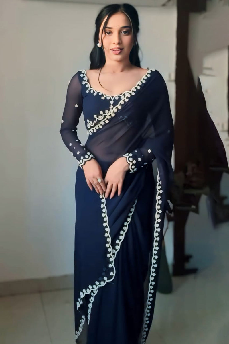 Entrancing 1-Minute Ready To Wear Navy Blue Georgette Saree