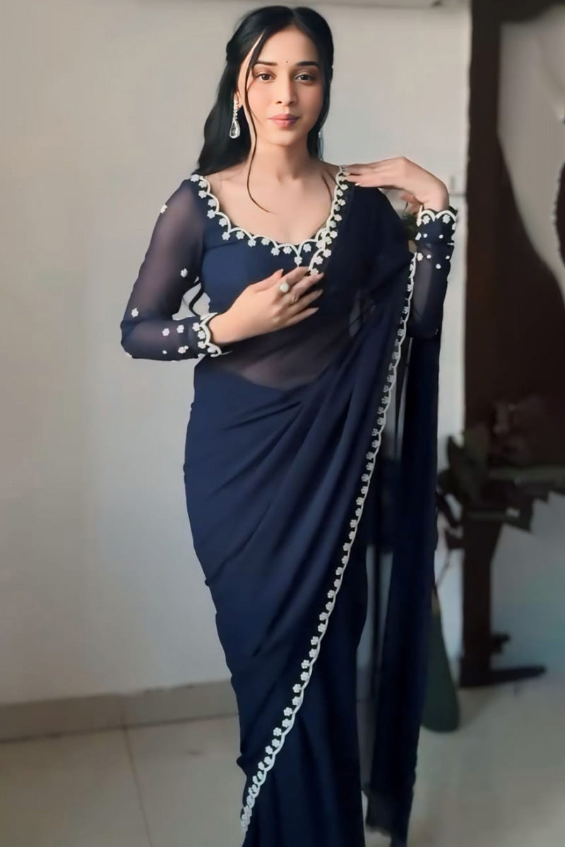 Entrancing 1-Minute Ready To Wear Navy Blue Georgette Saree