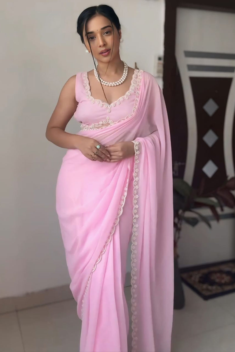 Dissemble 1-Minute Ready To Wear Pink Georgette Saree