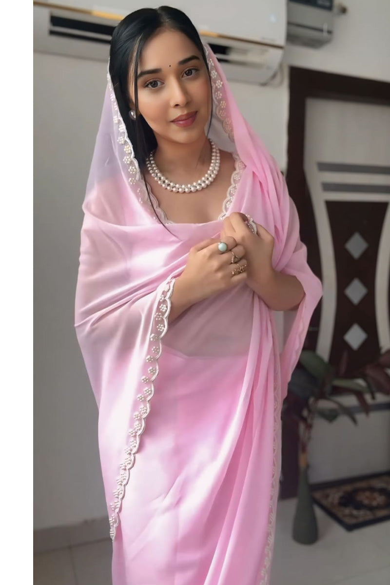 Dissemble 1-Minute Ready To Wear Pink Georgette Saree