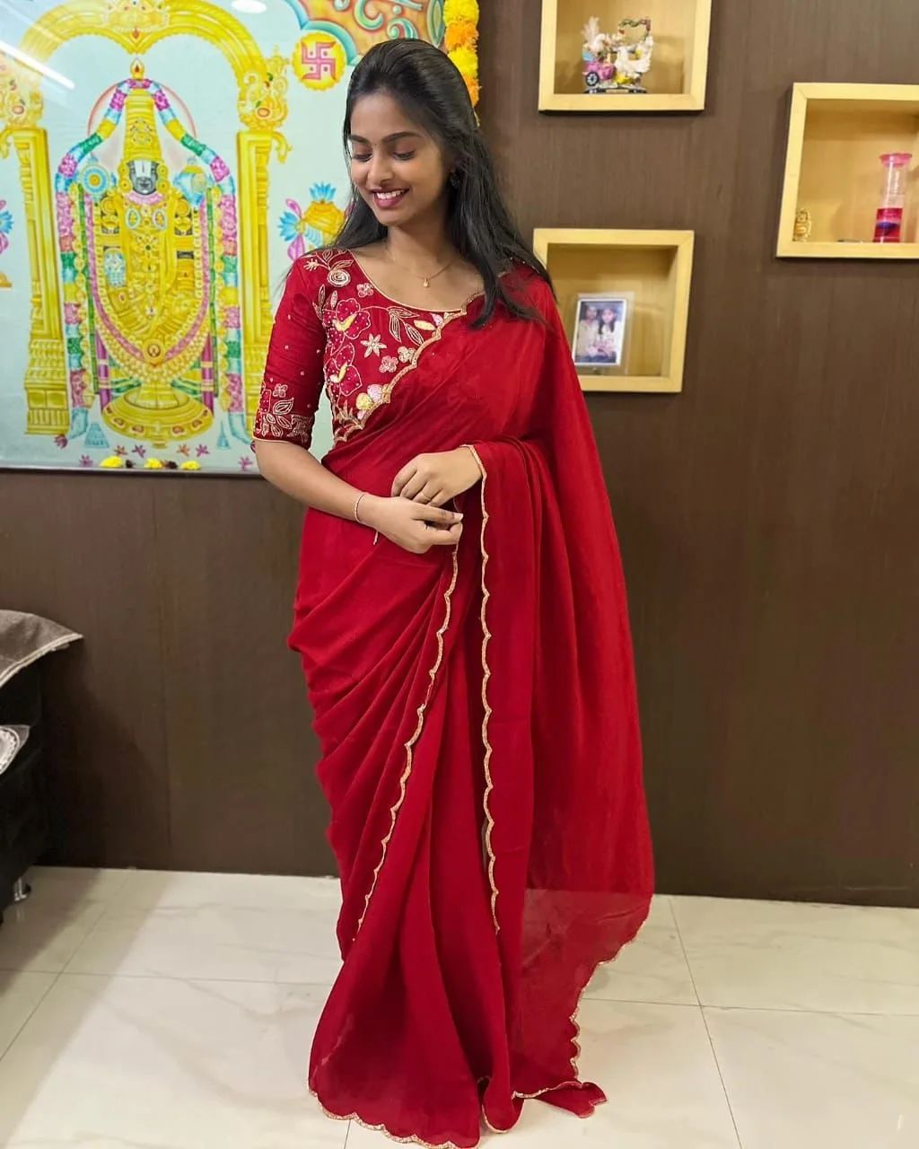 Tempting  1-Minute Ready To Wear Red Georgette Saree