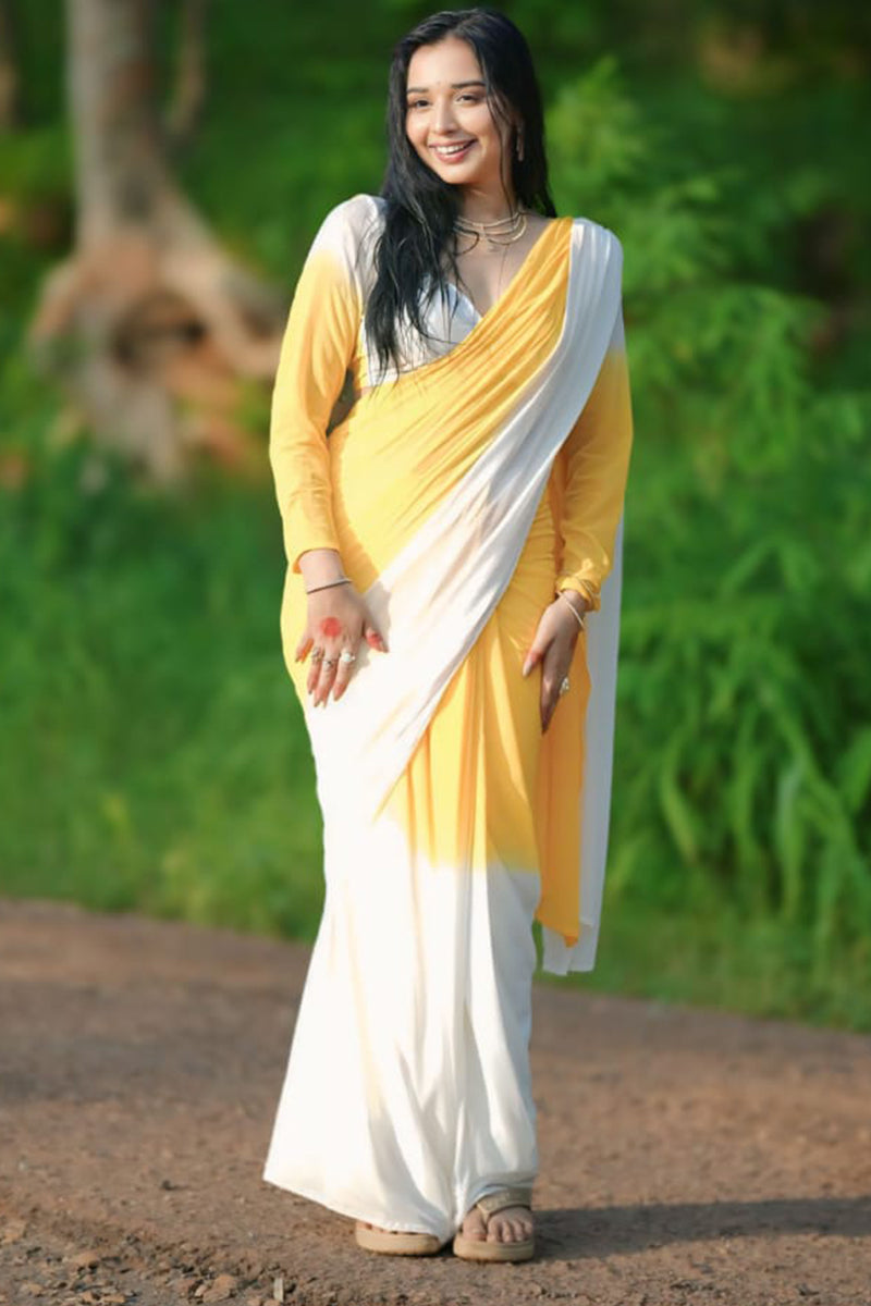 Inspiring 1-Minute Ready To Wear Yellow & White Georgette Saree