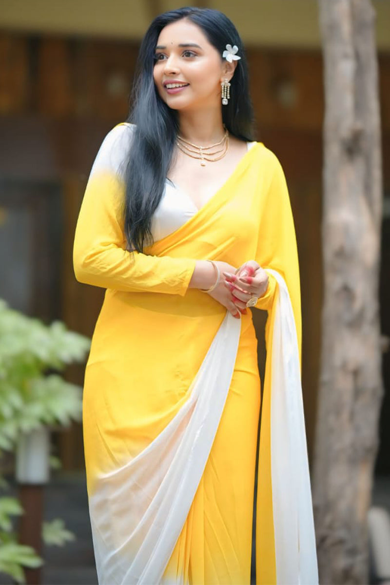 Inspiring 1-Minute Ready To Wear Yellow & White Georgette Saree