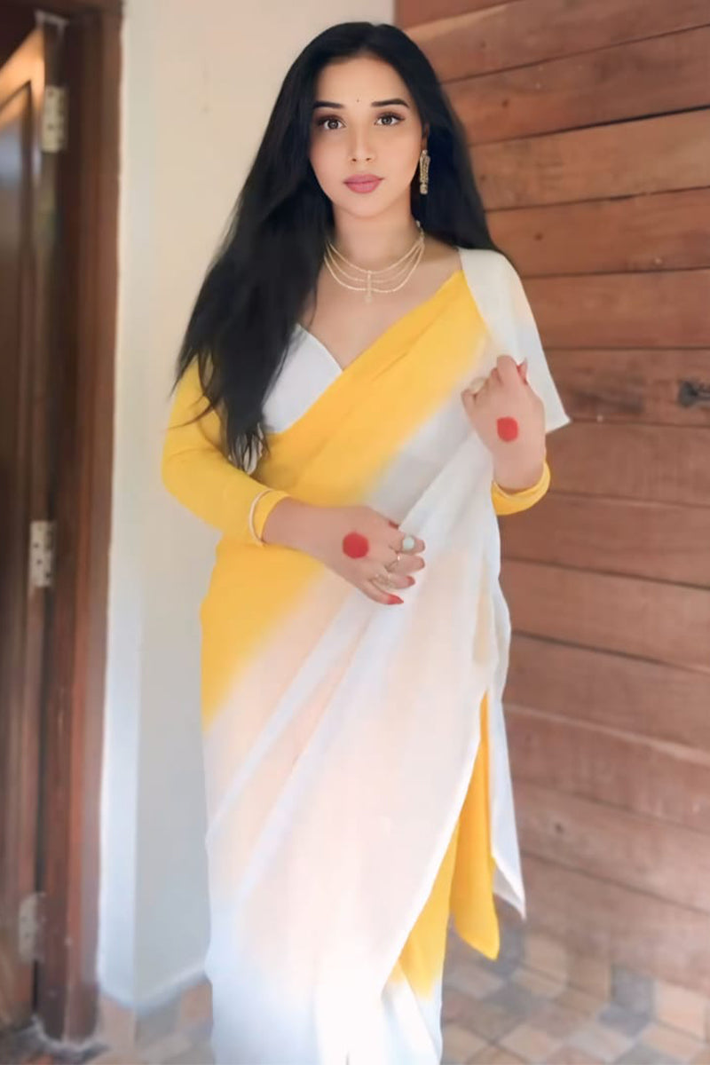 Inspiring 1-Minute Ready To Wear Yellow & White Georgette Saree