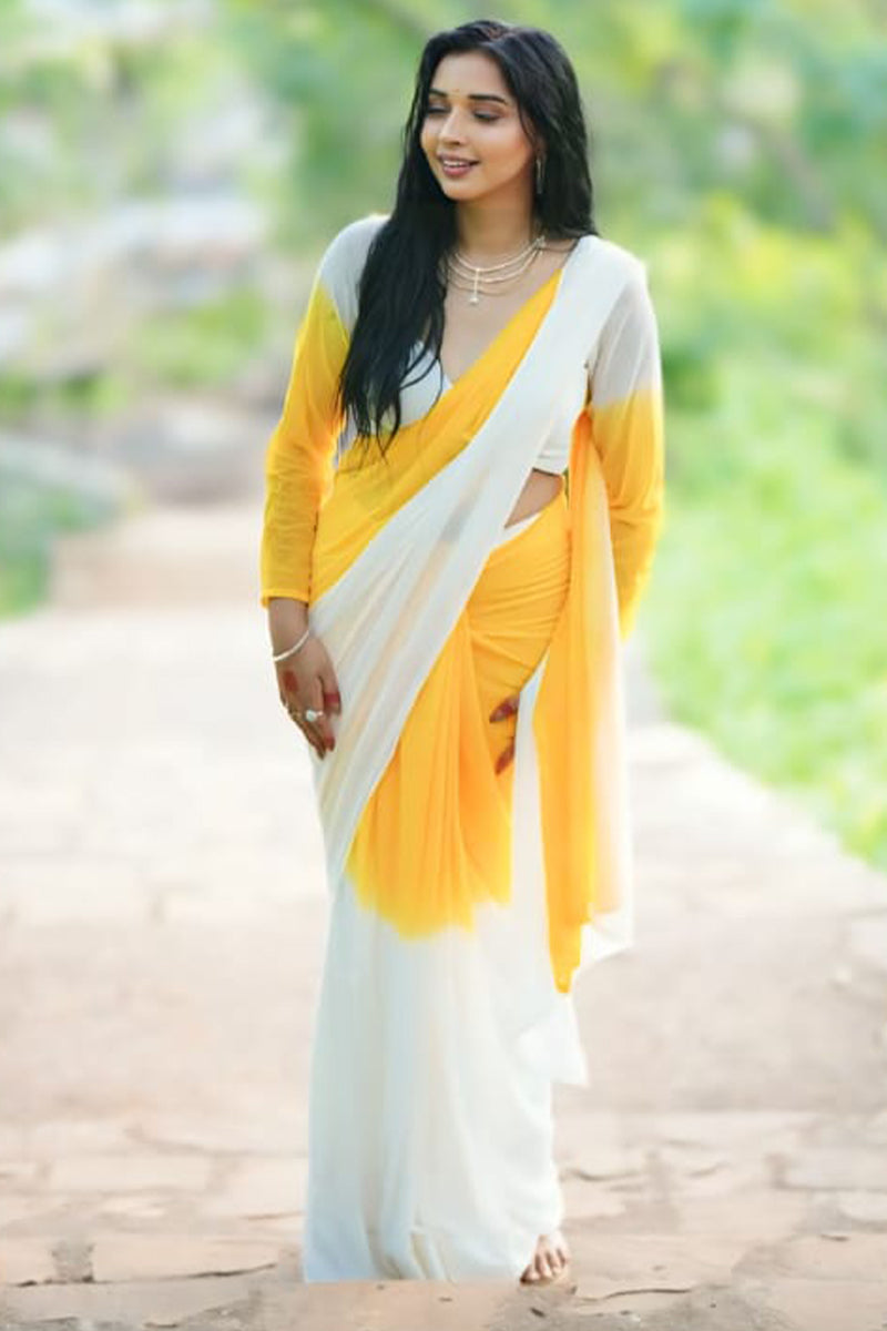 Inspiring 1-Minute Ready To Wear Yellow & White Georgette Saree