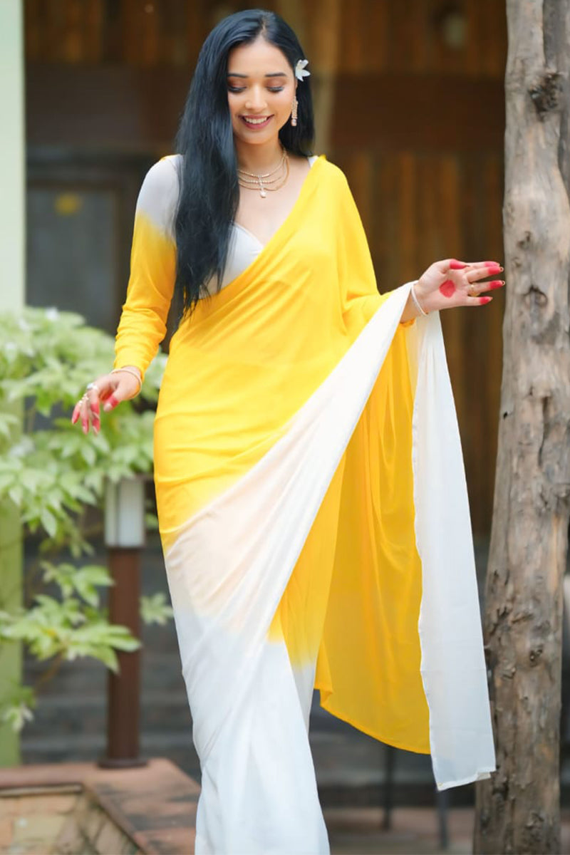 Inspiring 1-Minute Ready To Wear Yellow & White Georgette Saree