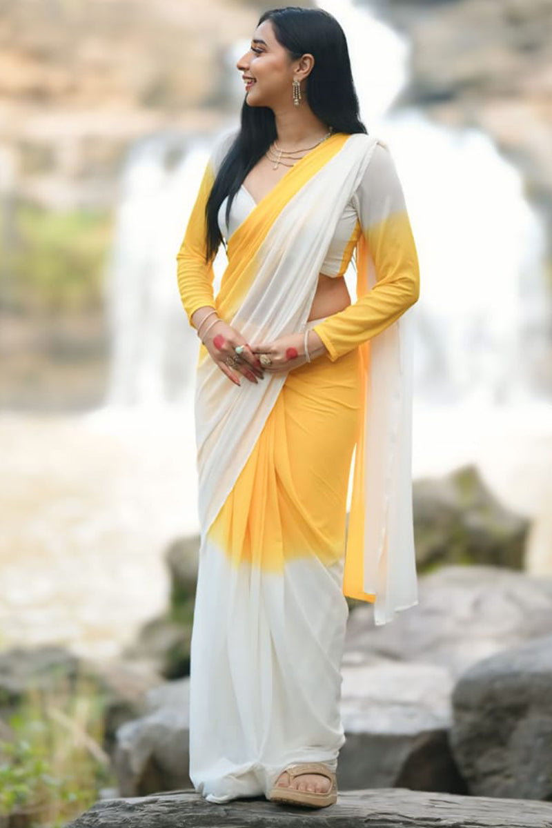 Inspiring 1-Minute Ready To Wear Yellow & White Georgette Saree